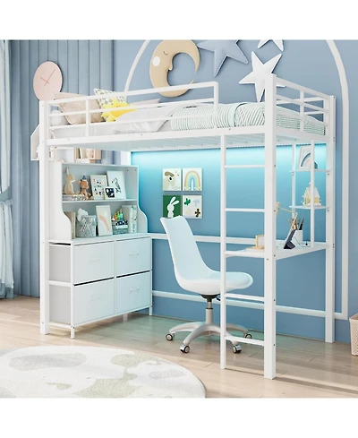 gaomon Loft Bed with Desk, 4 Large Fabric Drawers and 2 Storage Shelves, Heavy Duty Metal Led Lights & Charging Sation, Safety Guard