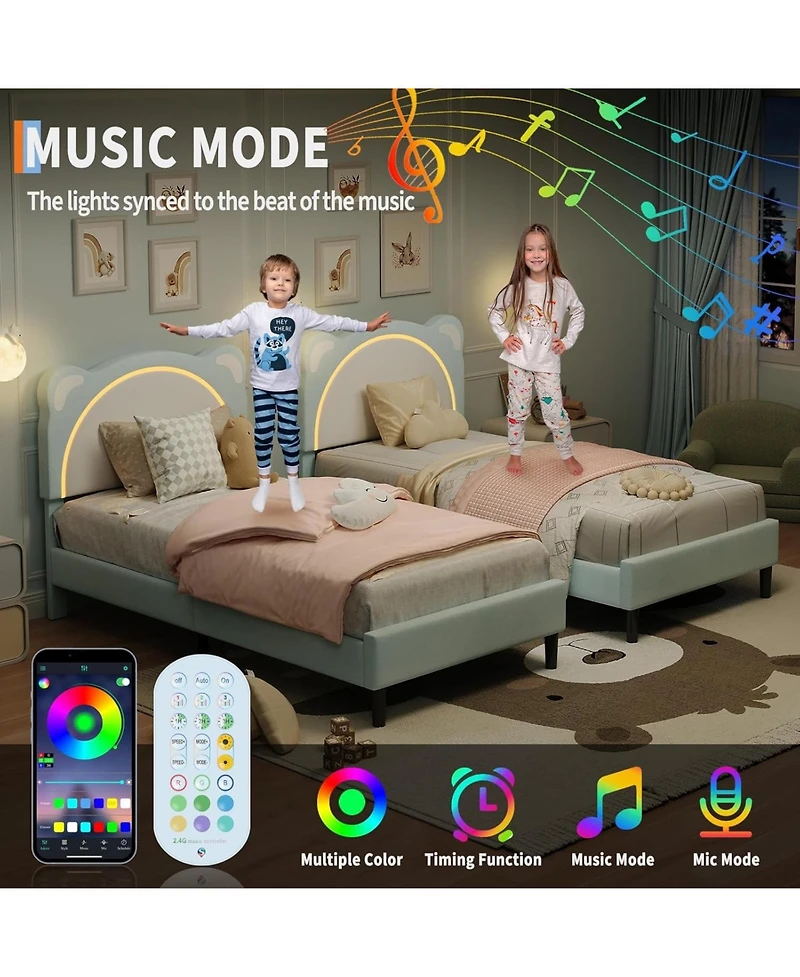 gaomon Bed Frame with Led Lights Adjustable Bear Headboard Velvet Kids Platform Wood Slat Support Noise Free Easy