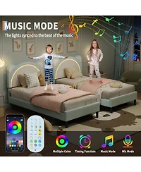 gaomon Bed Frame with Led Lights Adjustable Bear Headboard Velvet Kids Platform Wood Slat Support Noise Free Easy