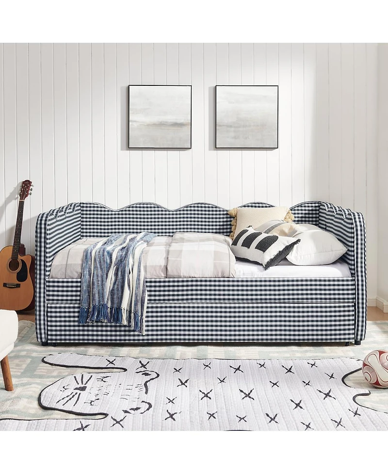 Streamdale Furniture Cozy Gingham Daybed with Twin Trundle, Usb Port, Linen Fabric