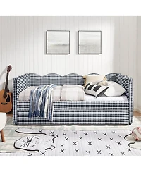 Streamdale Furniture Cozy Gingham Daybed with Twin Trundle, Usb Port, Linen Fabric