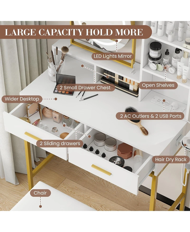 gaomon Makeup Vanity Set with Rotating Lighted Mirror, Stool, 2 Drawers and Power Outlet