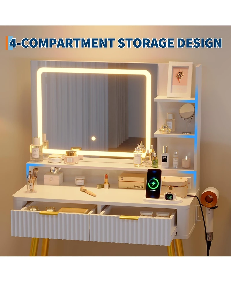 gaomon Mid-Century Modern Makeup Vanity Desk with Lighted Mirror, 2 Drawers and Cabinet