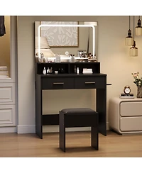 gaomon Modern Small Makeup Vanity Set with 3-Color Led Mirror, 2 Drawers, Stool and Power Outlet