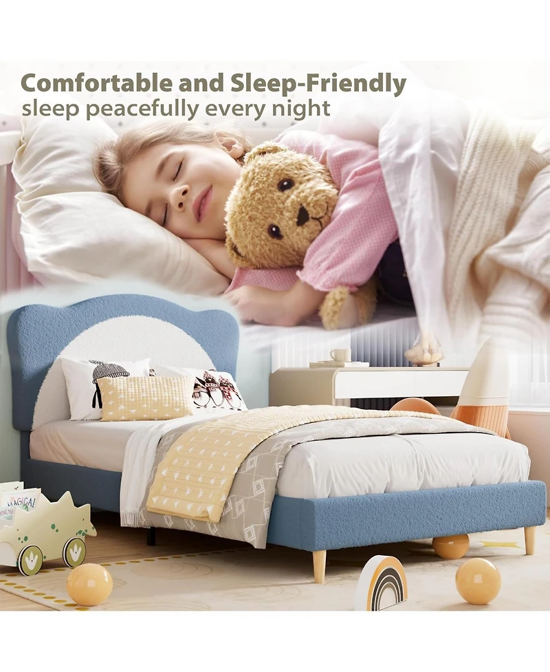 gaomon Full Upholstered Platform Bed for Kids Velvet Princess Bed Cute Panda Headboard Wood Slats No Box Spring
