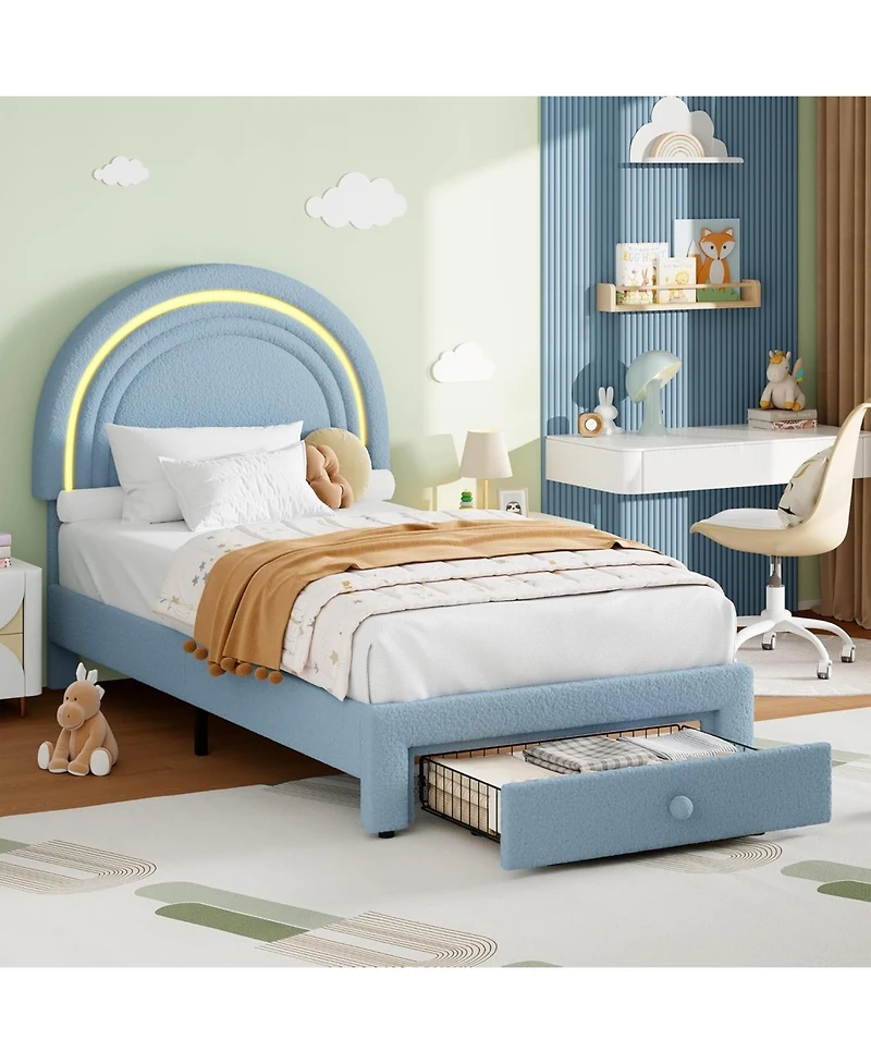 gaomon Bed Frame Led Headboard Underbed Drawer Metal Platform Bed Girls Lamb Fleece Wood Slats No Box Spring