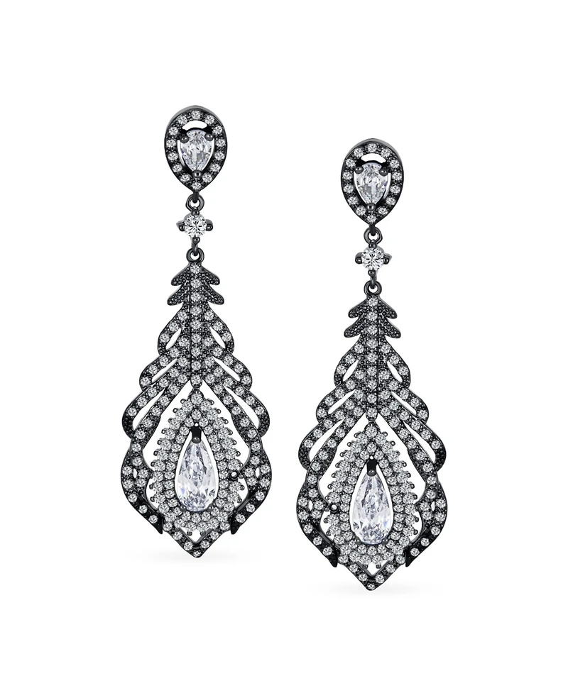 Bling Jewelry Art Deco Style Cubic Zirconia Leaf Teardrop Statement Cz Chandelier Clip On Earrings