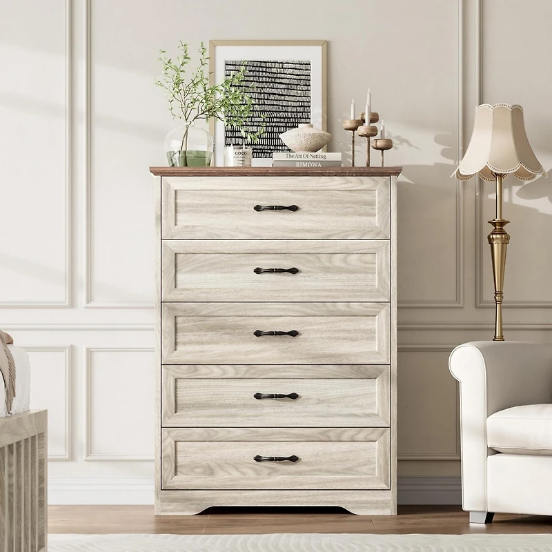gaomon Farmhouse 5-Drawer Tall Dresser with Wide Metal Handles, Natural Wood Storage Chest for Bedroom & Living