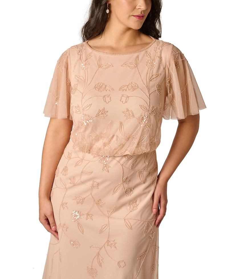 Adrianna Papell Plus Boat Neck Beaded Cocktail Ball Gown