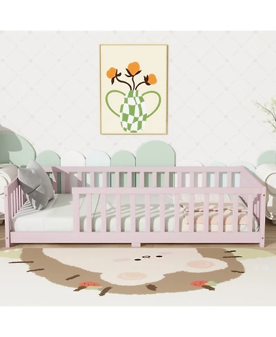 Streamdale Furniture Twin Floor Bed with Fence, Rubber Wood