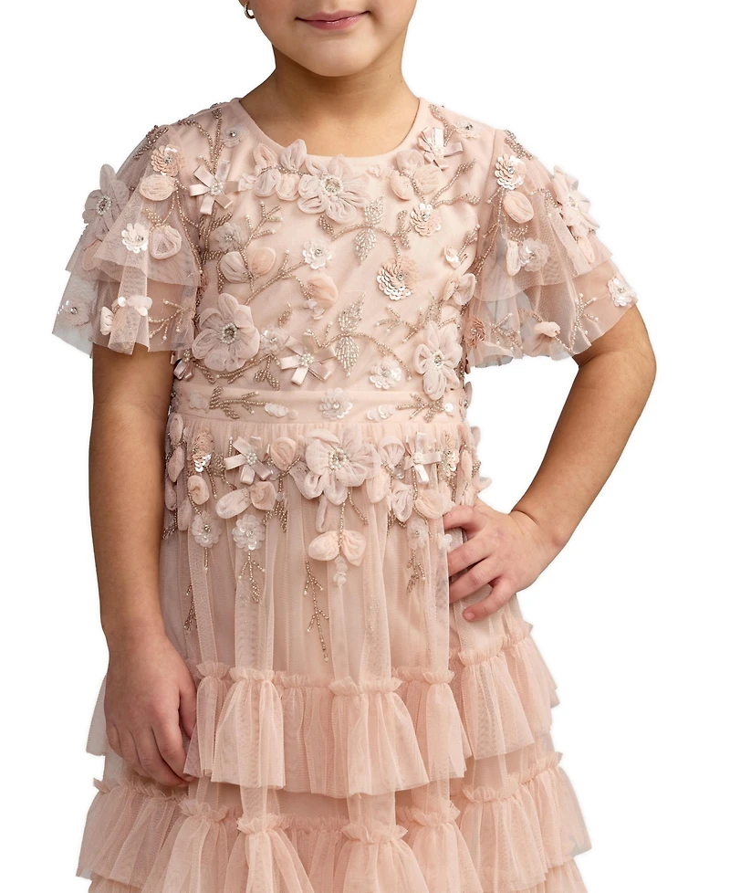 Mac Duggal Little Girls Flutter Sleeve Tiered Ruffle Gown