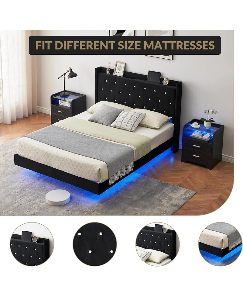 gaomon Modern Full Floating Bed Frame Rgb Led Lights Upholstered Storage Headboard Noise Free No Box Spring
