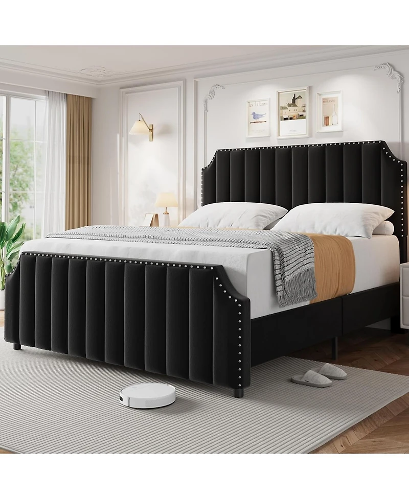 gaomon King Velvet Bed Frame 50 Inch Channel Tufted Tall Headboard Upholstered Platform Nailhead No Box Spring