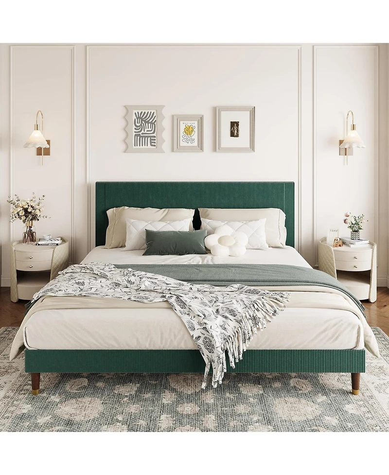 gaomon Corduroy Upholstered Bed Frame with Headboard Low Profile Modern Platform Wooden Slats No Box Spring Needed