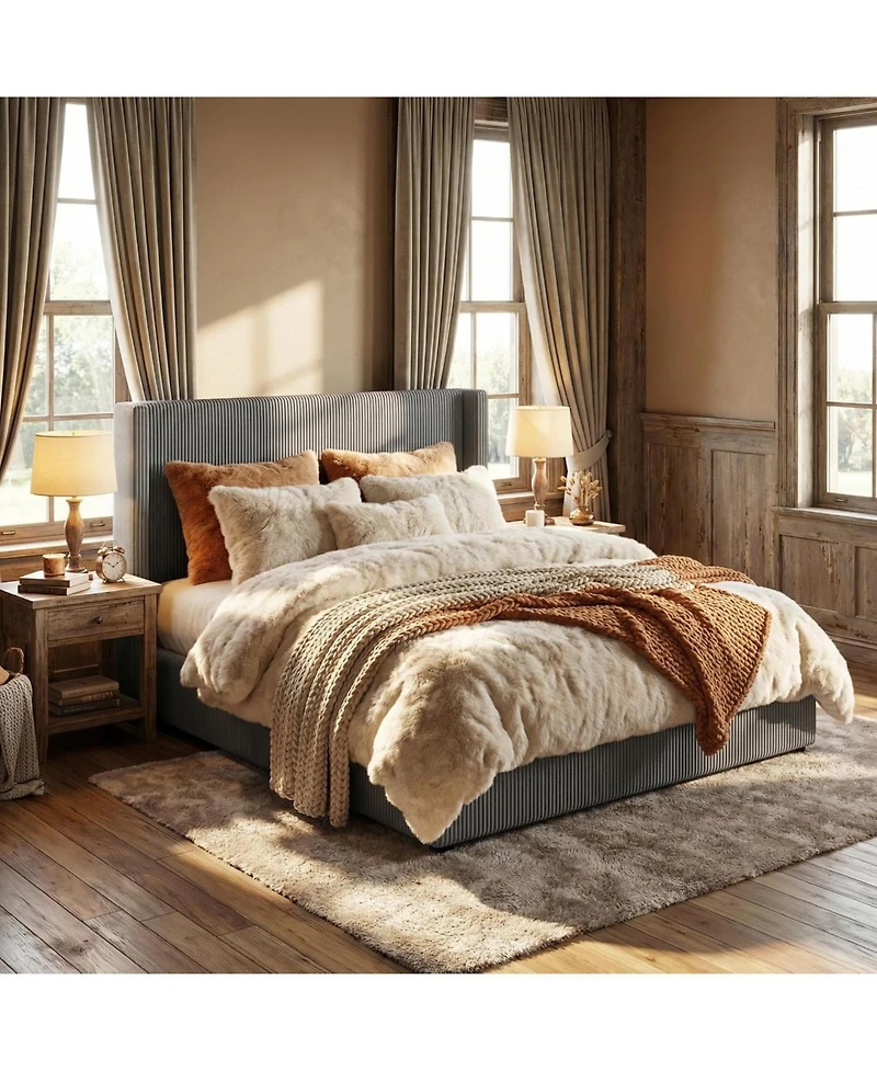 gaomon Queen Bed Frame with Storage Drawers Corduroy Upholstery Wingback Tufted Headboard No Box Spring Needed