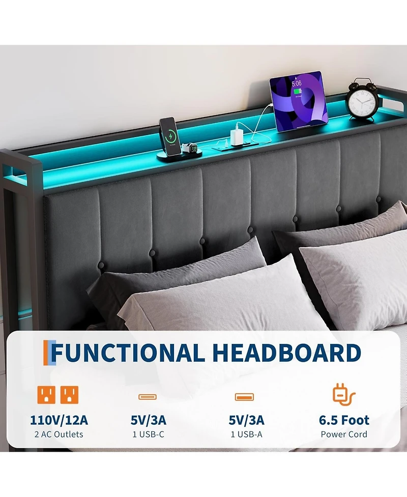 gaomon Lift Up Storage Bed Frame with Led Upholstered Storage Headboard Charging Metal Platform No Box Spring Wood Slats