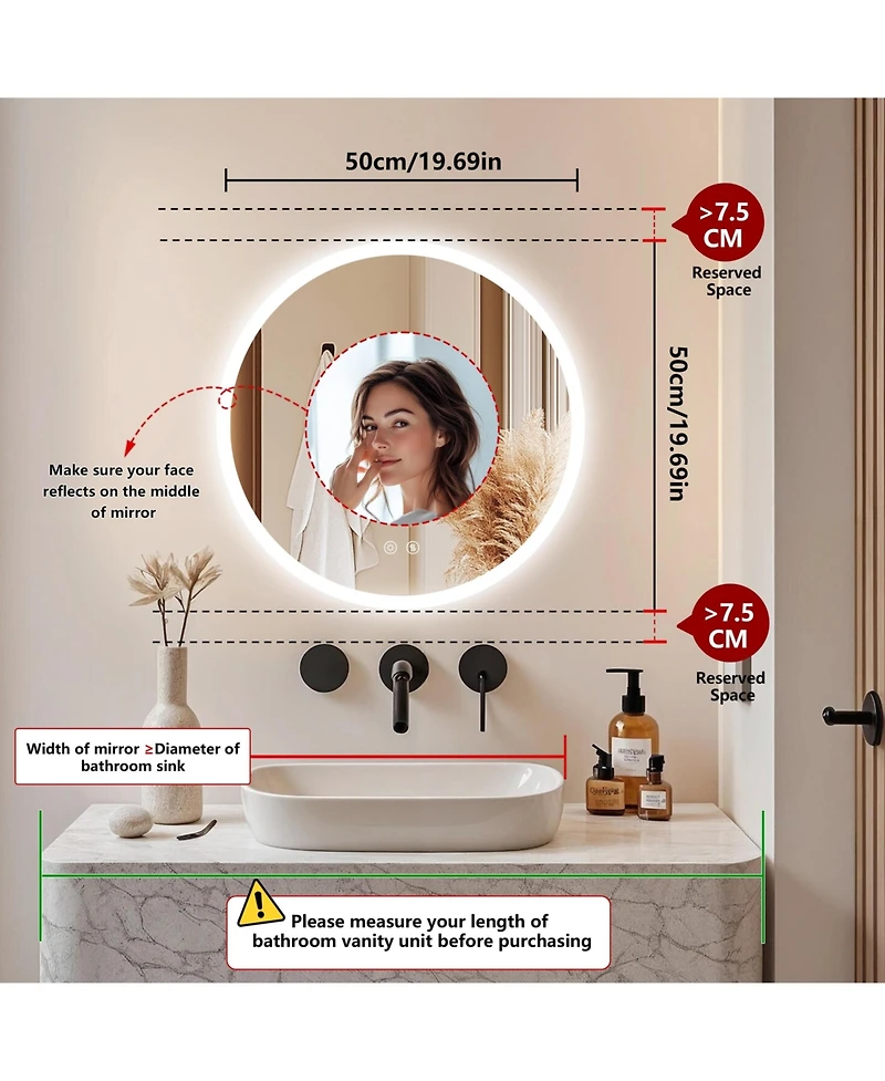 Luvodi 20" Round Led Bathroom Mirror with Lights Wall-Mounted Vanity Mirror