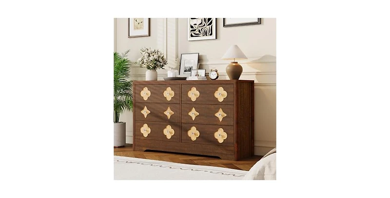 gaomon 6 Drawer Dresser for Bedroom, 47.2'' Wide Dresser, Boho Chest of Drawers, Wooden Chest with Clothes Storage Cabinet