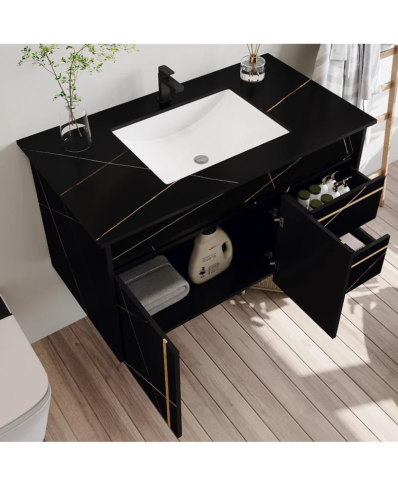 Sillysis Floating Bathroom Vanity with Faux Marable Top, Integrated Ceramic Sink, Soft Close Drawers, Luxury Modern