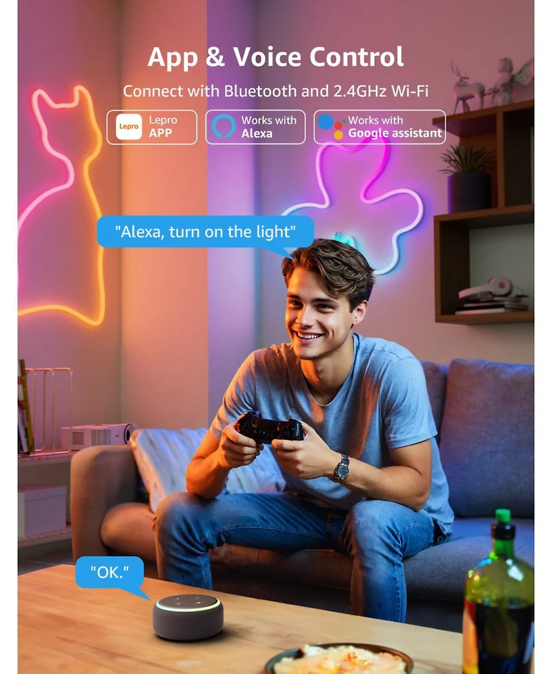 Lepro N1 Ai Smart Rgb Rope Lights, LightBeats Music Sync, Color Segment Diy, Voice Control Via App