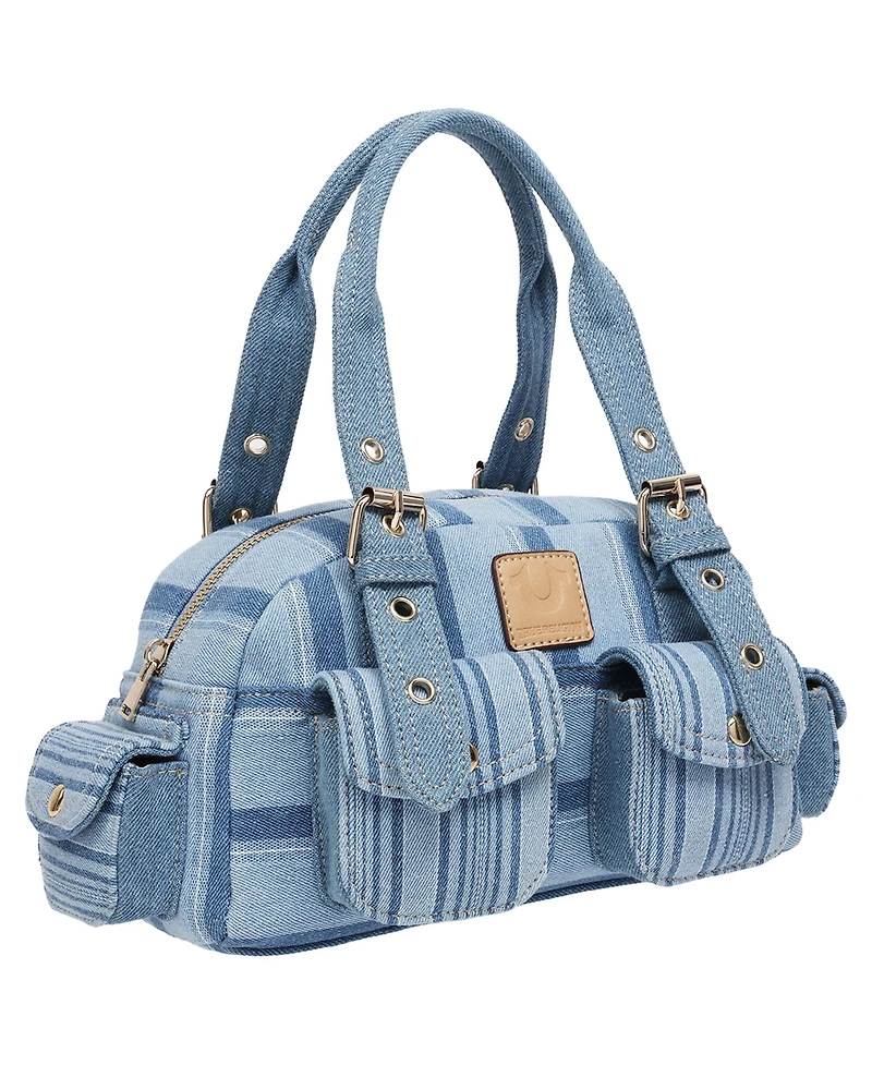 True Religion Multi Stripe Soft Satchel – Mini Handbag with Utility Pockets