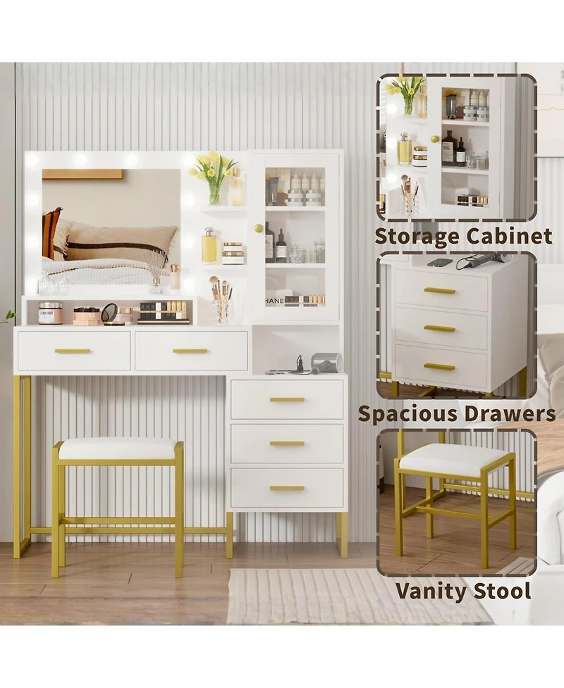 Gaomon Large Makeup Vanity Set with Led Lighted Mirror, Stool, Shelves and Charging Station