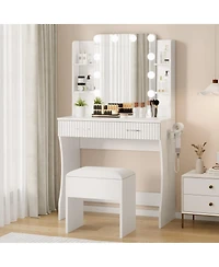 Gaomon Modern Makeup Vanity Set with 12-led Mirror, Stool, 2 Drawers, Shelves and Power Outlet