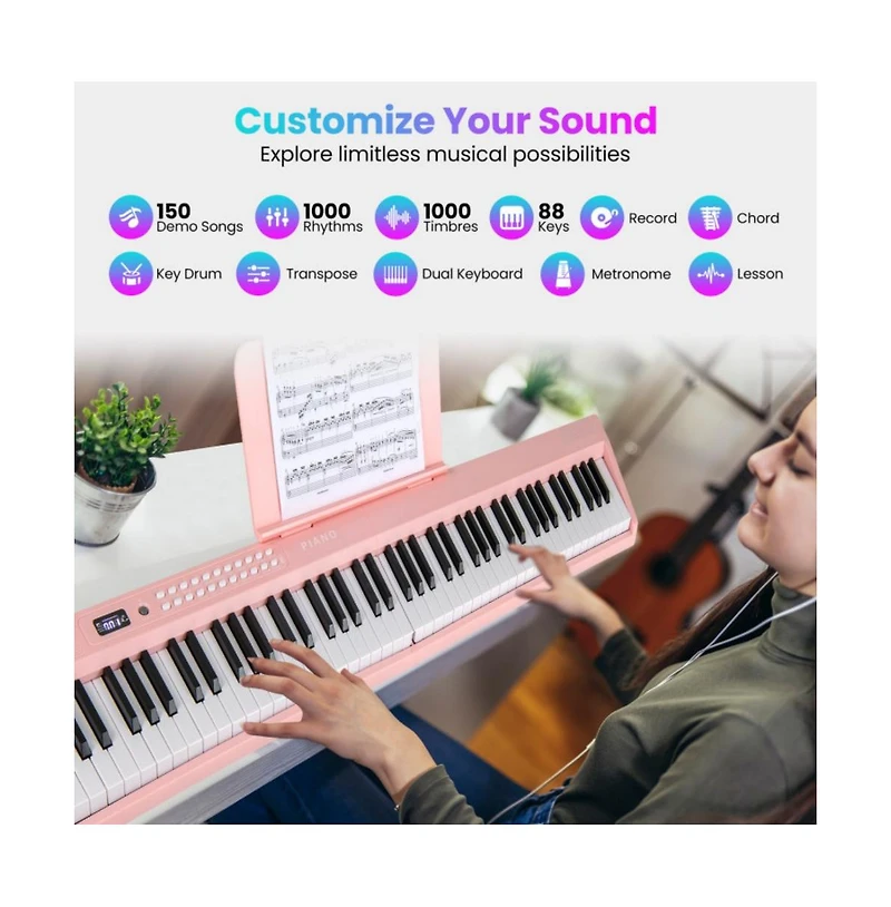 Hongge 88 Key Foldable Electric Keyboard Piano with Wireless Midi and Dual Speakers