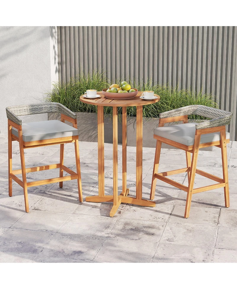 sumyeg Set of 2 Patio Acacia Wood Counter Height Bar Stools with Cushions and Wicker Backs