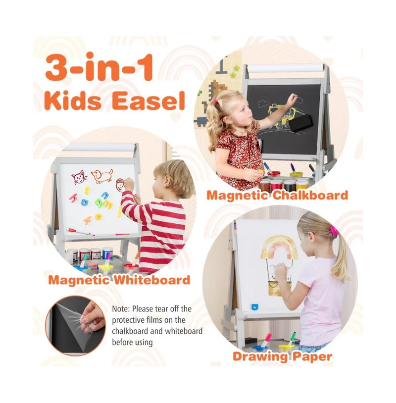 Hongge 3 in 1 Art Easel for Kids with Magnetic Chalkboard and Whiteboard