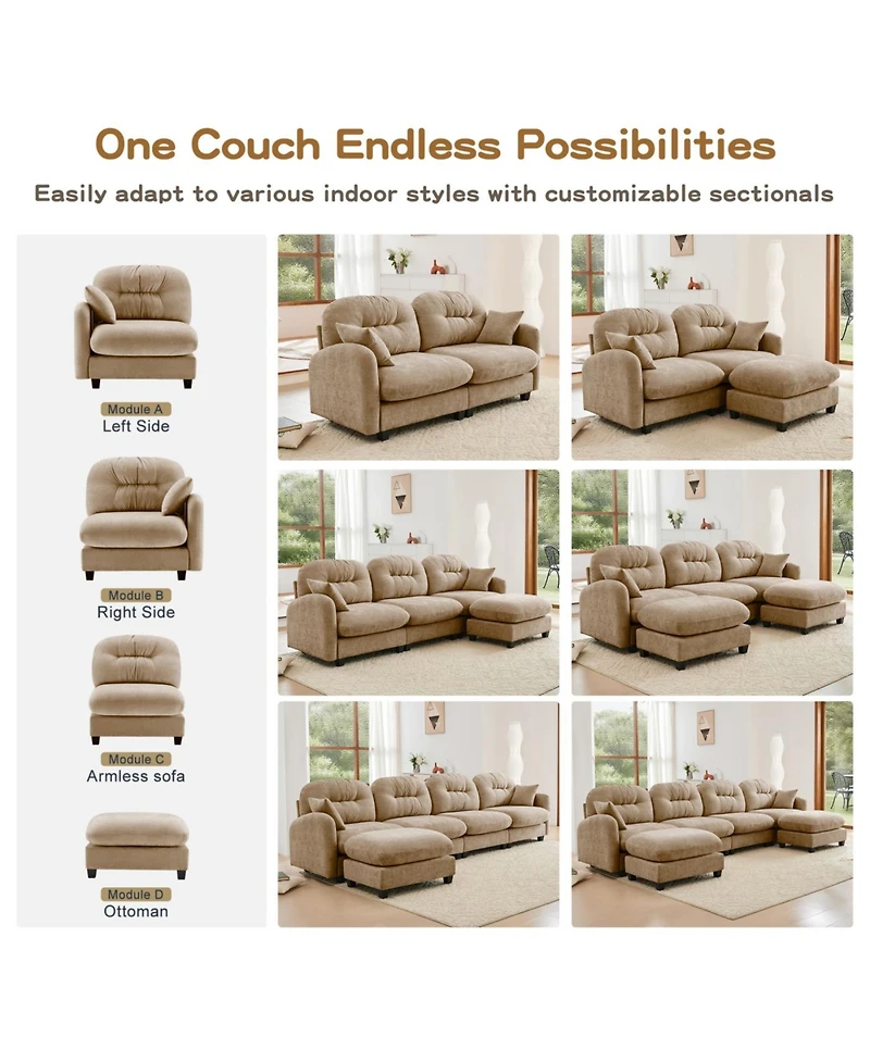 Streamdale Furniture Modular U-Shaped Chenille Couch with Ottoman & Pillows