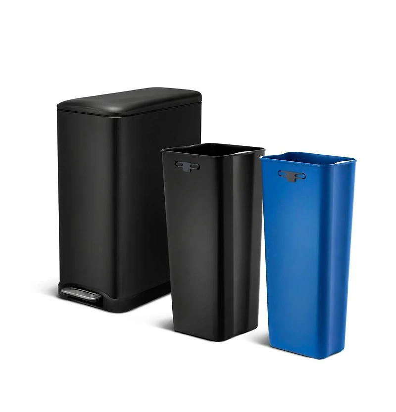 Home Zone Living 13 Gallon Dual Compartment Stainless Steel Kitchen Trash Can with Step Pedal and Soft Close Lid, Black