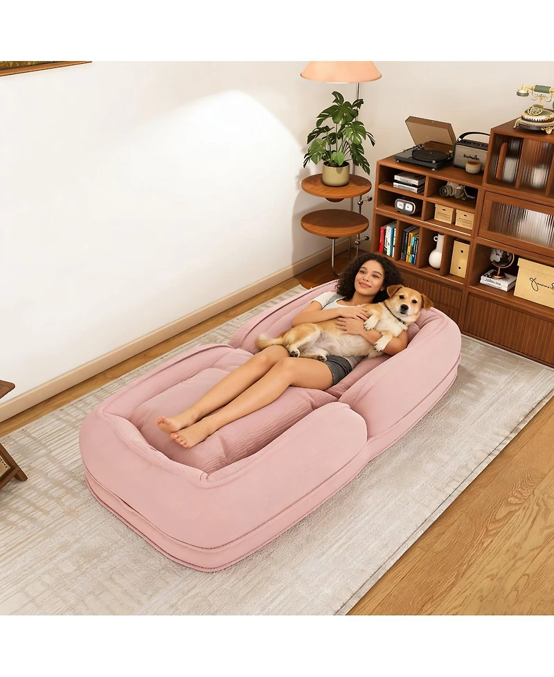 Streamdale Pink Upholstered Foldable Lazy Sofa Bed with 2 Pillows