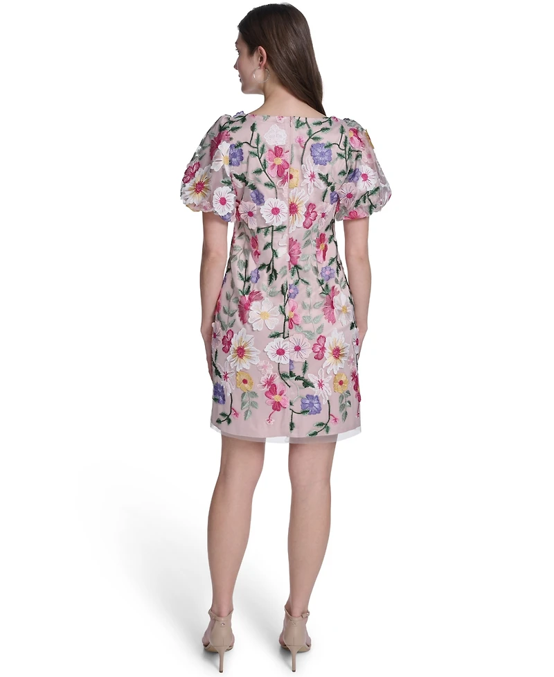 Eliza J Petite Boat Neck Floral Embroidered Mesh Dress