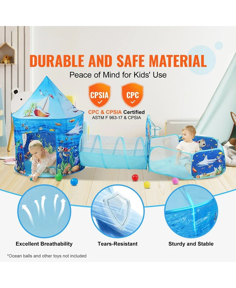 Mecale 3-in-1 Kids Play Tent with Tunnel and Basketball Hoop