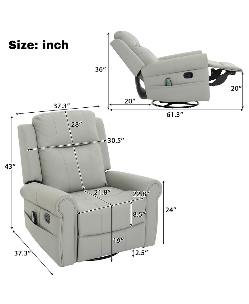 Streamdale Furniture Manual Recliner 270° Swivel Rocker Chair with Massage & Heating