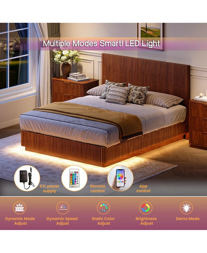 Streamdale Furniture Queen Size Bed Frame with Led Lights, Modern Walnut Wood Design