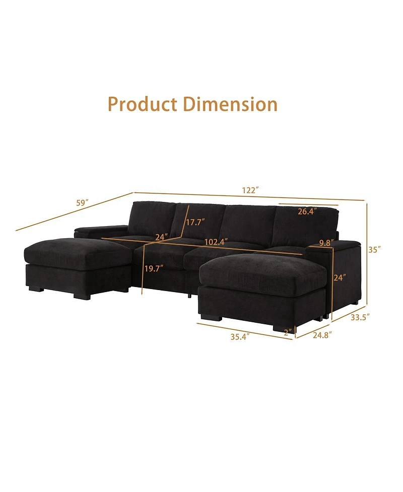 Streamdale Furniture Streamdale Black 4-Seat Corduroy Sectional Sofa Couch with 2 Ottomans