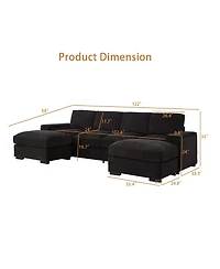 Streamdale Furniture Streamdale Black 4-Seat Corduroy Sectional Sofa Couch with 2 Ottomans