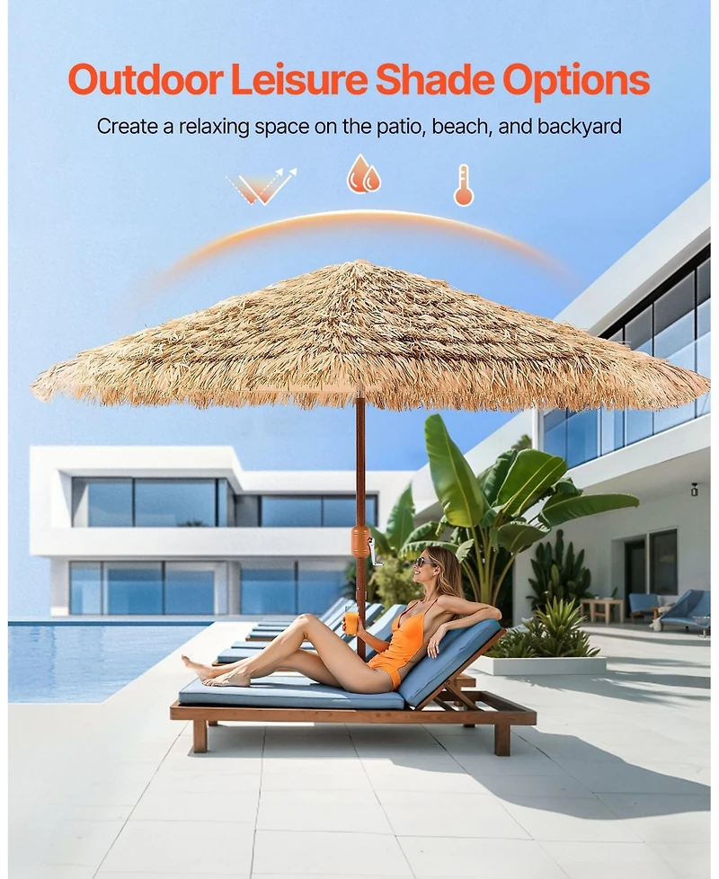 Mecale 9 Ft Thatched Tiki Patio Umbrella with Tilt and Metal Ribs