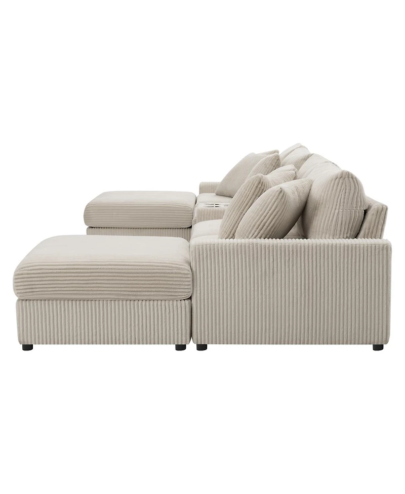 Streamdale Furniture Corduroy U-Shaped Sectional Sofa with Bluetooth, Usb, Cup Holders & Storage