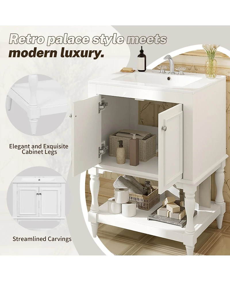 Sillysis 24" Bathroom Vanity with Ceramic Sink, Solid Wood Legs, Carved Palace Style Cabinet, Open Shelf for Small