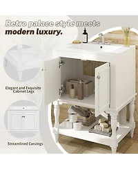 Sillysis 24" Bathroom Vanity with Ceramic Sink, Solid Wood Legs, Carved Palace Style Cabinet, Open Shelf for Small