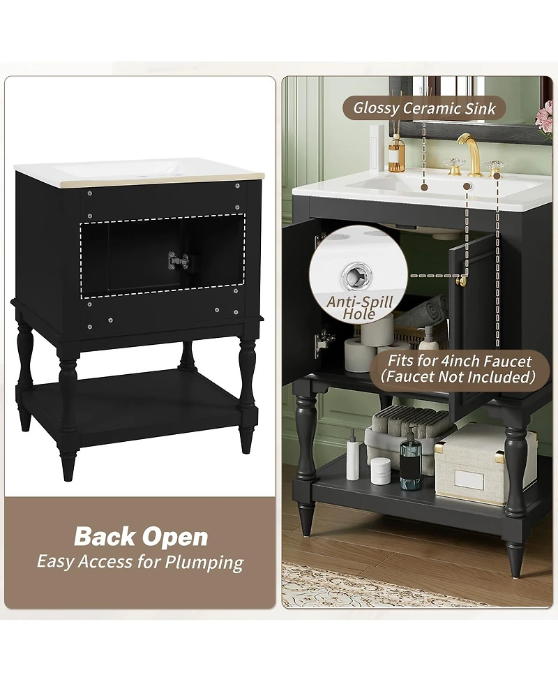Sillysis 24" Bathroom Vanity with Ceramic Sink, Solid Wood Legs, Carved Palace Style Cabinet, Open Shelf for Small
