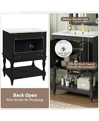 Sillysis 24" Bathroom Vanity with Ceramic Sink, Solid Wood Legs, Carved Palace Style Cabinet, Open Shelf for Small