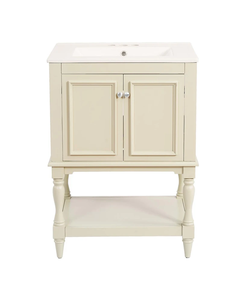 Sillysis 24" Bathroom Vanity with Ceramic Sink, Solid Wood Legs, Carved Palace Style Cabinet, Open Shelf for Small