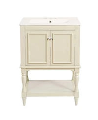 Sillysis 24" Bathroom Vanity with Ceramic Sink, Solid Wood Legs, Carved Palace Style Cabinet, Open Shelf for Small