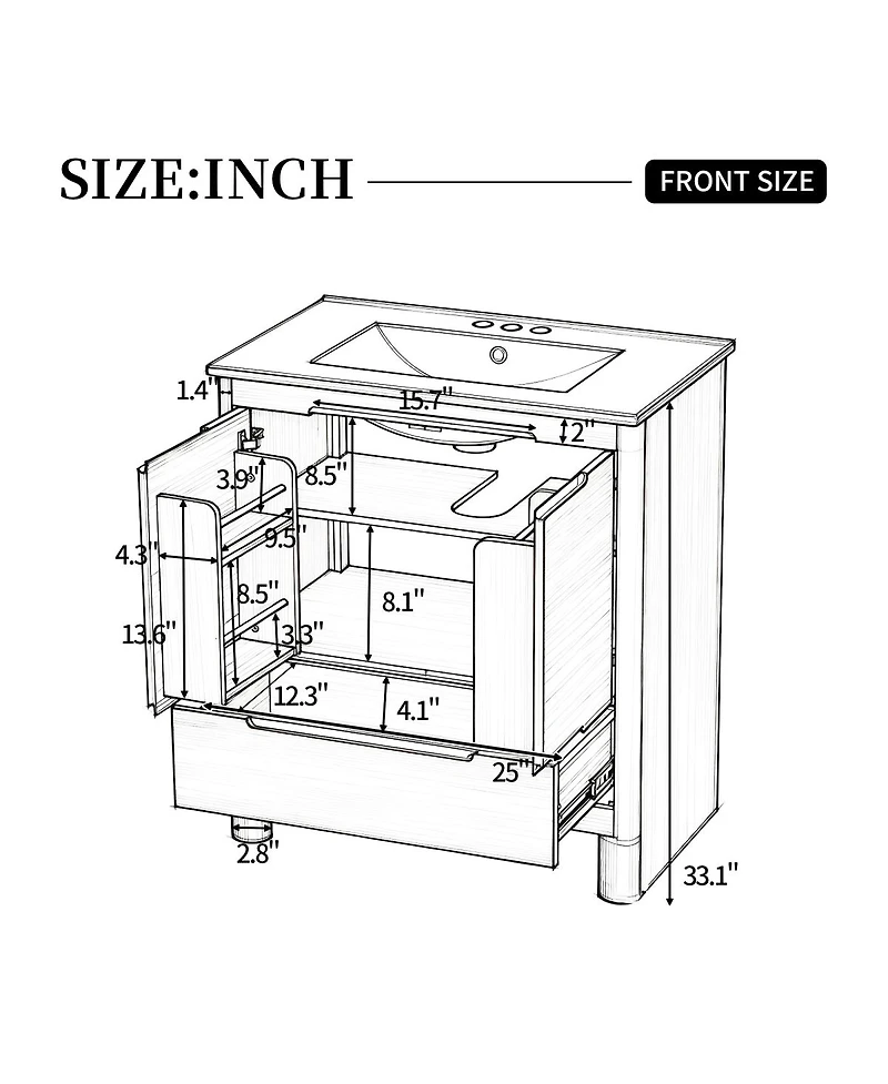 Sillysis 30" Modern Natural Bathroom Vanity with Ceramic Sink, Soft-Close Doors, Bottom Drawer Storage, Freestanding Cabinet