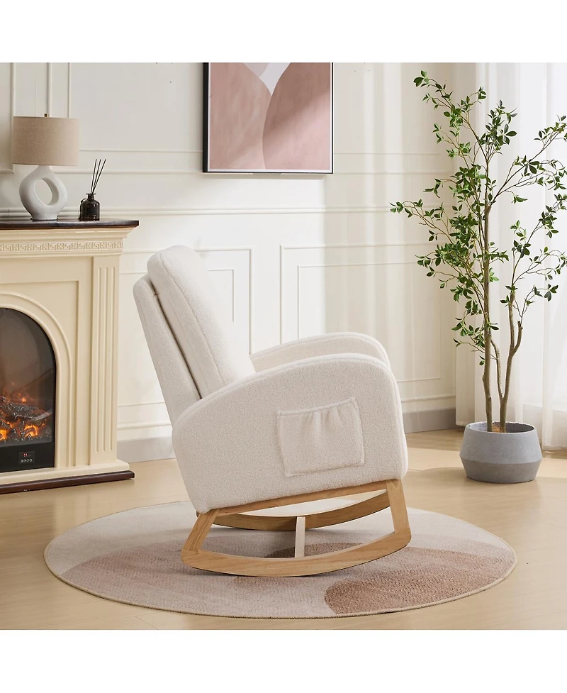 Streamdale Furniture Sherpa Rocking Chair with Side Pocket & Rubber Wood Legs