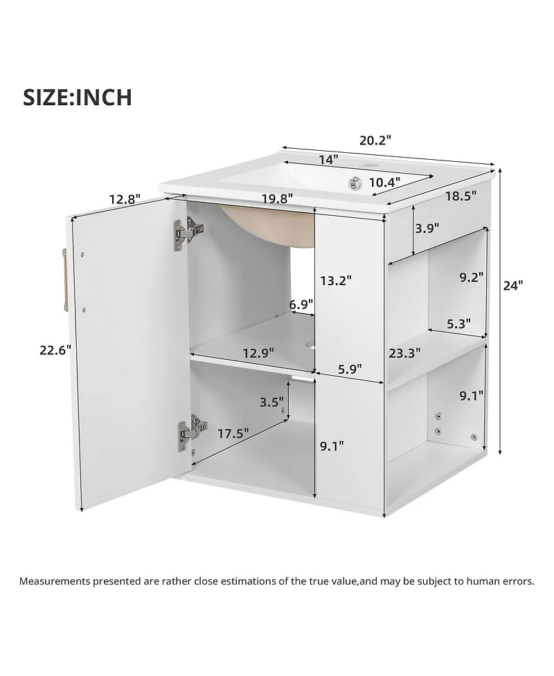Sillysis 20" Wall Mounted Bathroom Vanity with Sink, Open Shelves Storage, Soft Close Door, Modern Floating Cabinet for Small Space